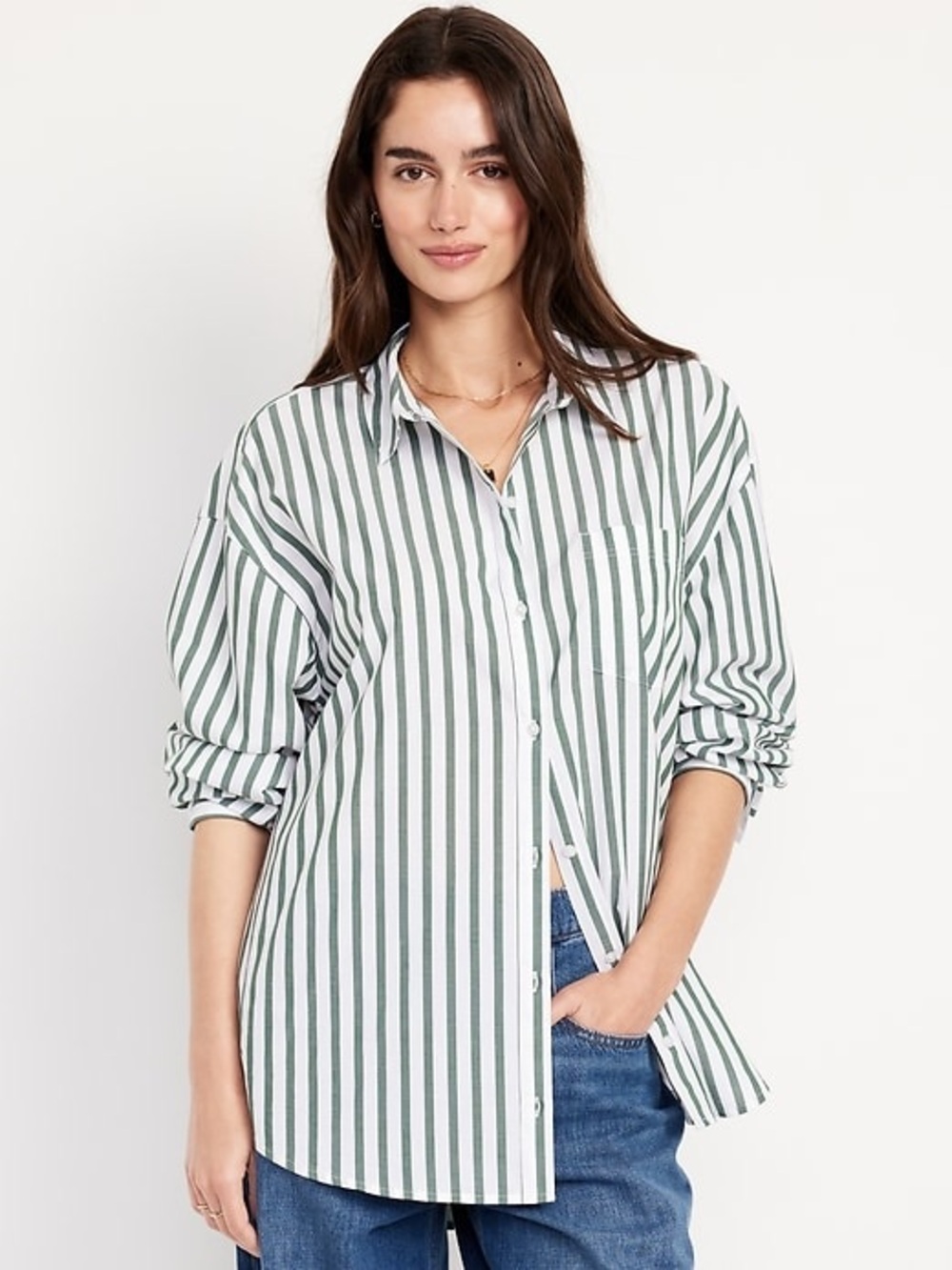 Old Navy Vertical Green and White Striped Button-Down Shirt